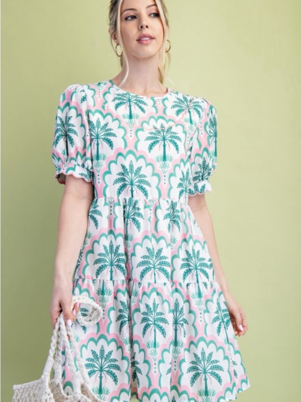 Gigio Green Palm Motif Puff Sleeve Mini Dress